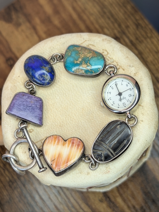 Native American Accessories - Signed J. Yates Navajo Sterling Silver Watch - Turquoise, Spiny Oyster, Scarab